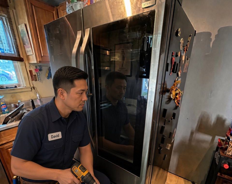 FastFix technician diagnosing a refrigerator at a Kennewick home