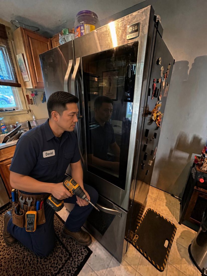 FastFix technician working on a French-door refrigerator in a Kennewick kitchen