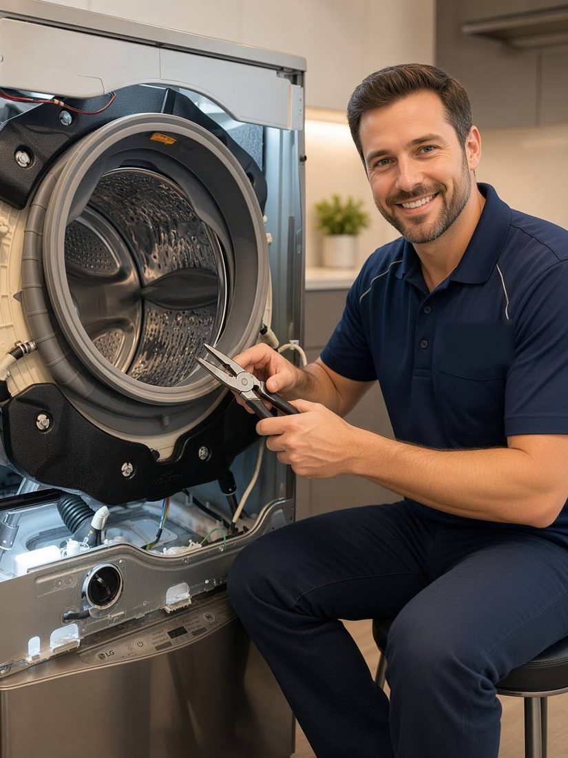 FastFix technician servicing an open front-load washer drum at a Kennewick home